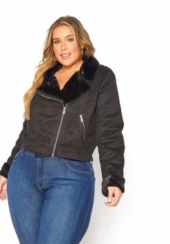 Asoph Plus Size Chic Faux Fur Lined Suede Moto Jacket