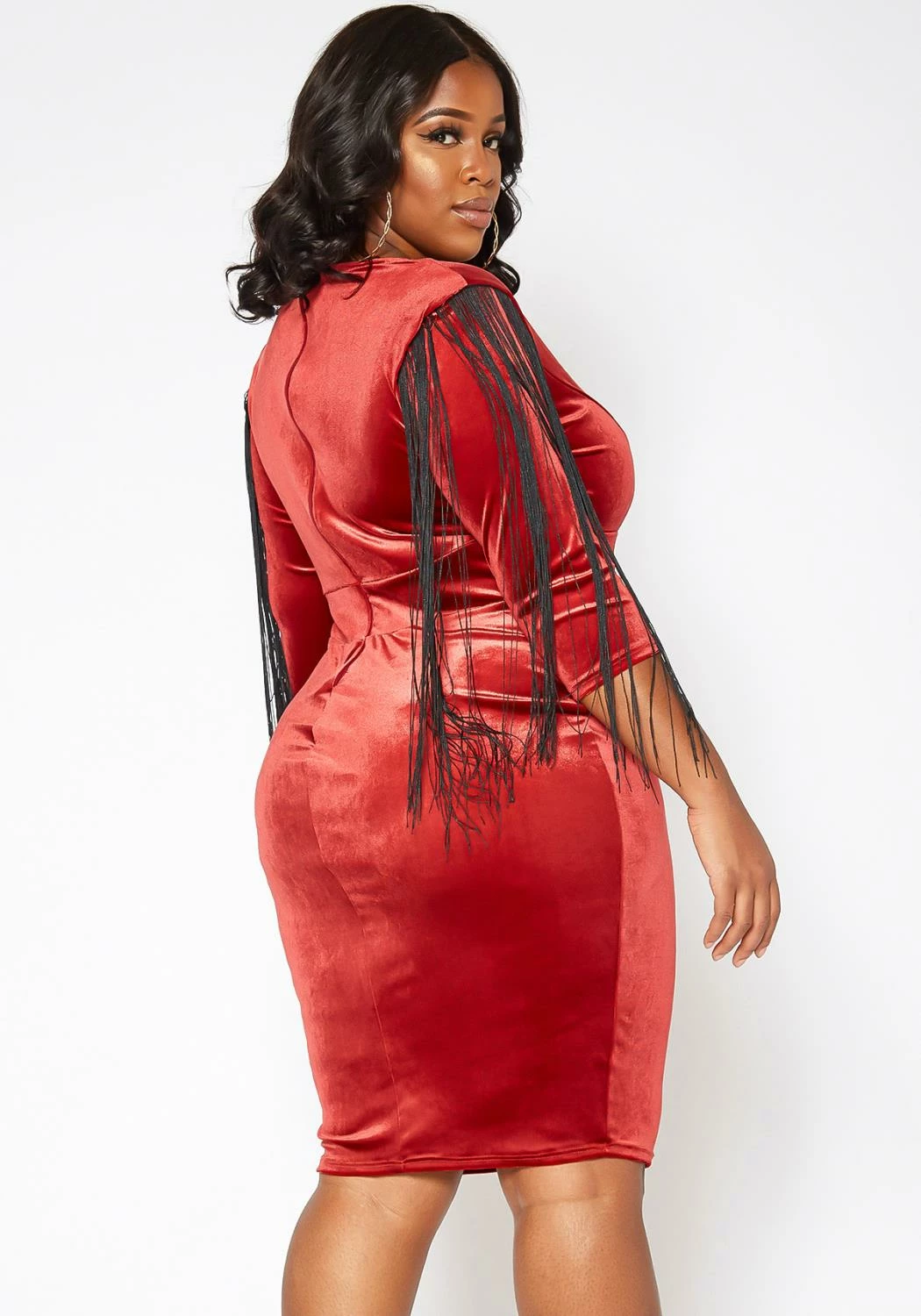 Asoph Plus Size Tassel Fringe Velvet Bodycon Mini Dress 4 Asoph Plus Size Tassel Fringe Velvet Bodycon Mini Dress - Image 4