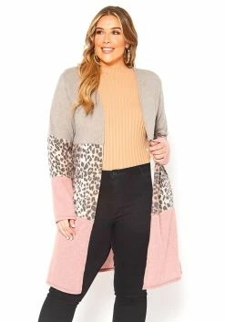 Asoph Plus Size Leopard Color Block Open Front Longline Cardigan