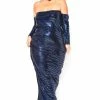 Asoph Plus Size Blue Metallic Off Shoulder Maxi Dress