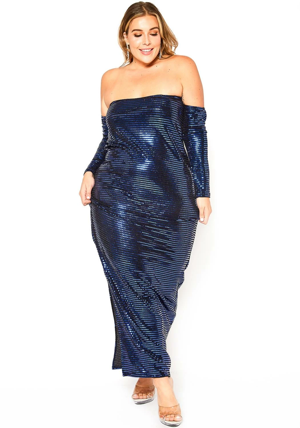 Asoph Plus Size Blue Metallic Off Shoulder Maxi Dress 1 Asoph Plus Size Blue Metallic Off Shoulder Maxi Dress