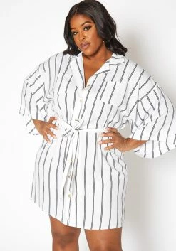 Asoph Plus Size Pin Striped Button Front Mini Dress