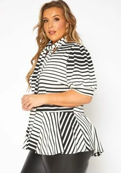 Asoph Plus Size Puff Shoulder Sleeve Striped Peplum Blouse -Asoph Sales Shop 2017082 172 1
