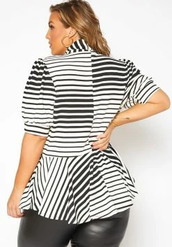 Asoph Plus Size Puff Shoulder Sleeve Striped Peplum Blouse -Asoph Sales Shop 2017082 172 2