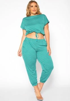 Asoph Plus Size Polka Dot Print Crop Top & Joggers Set