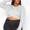 Asoph Plus Size Overlapping Twist Hem Long Sleeve Crop Top
