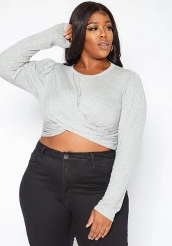 Asoph Plus Size Overlapping Twist Hem Long Sleeve Crop Top