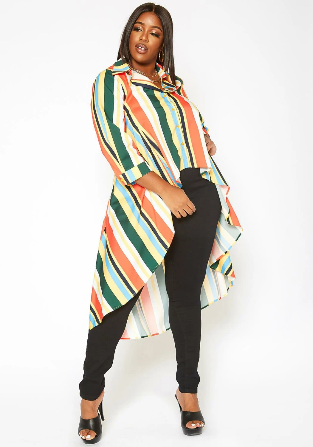 Asoph Plus Size Multi Color Striped High Low Collar Top 2 Asoph Plus Size Multi Color Striped High Low Collar Top - Image 2