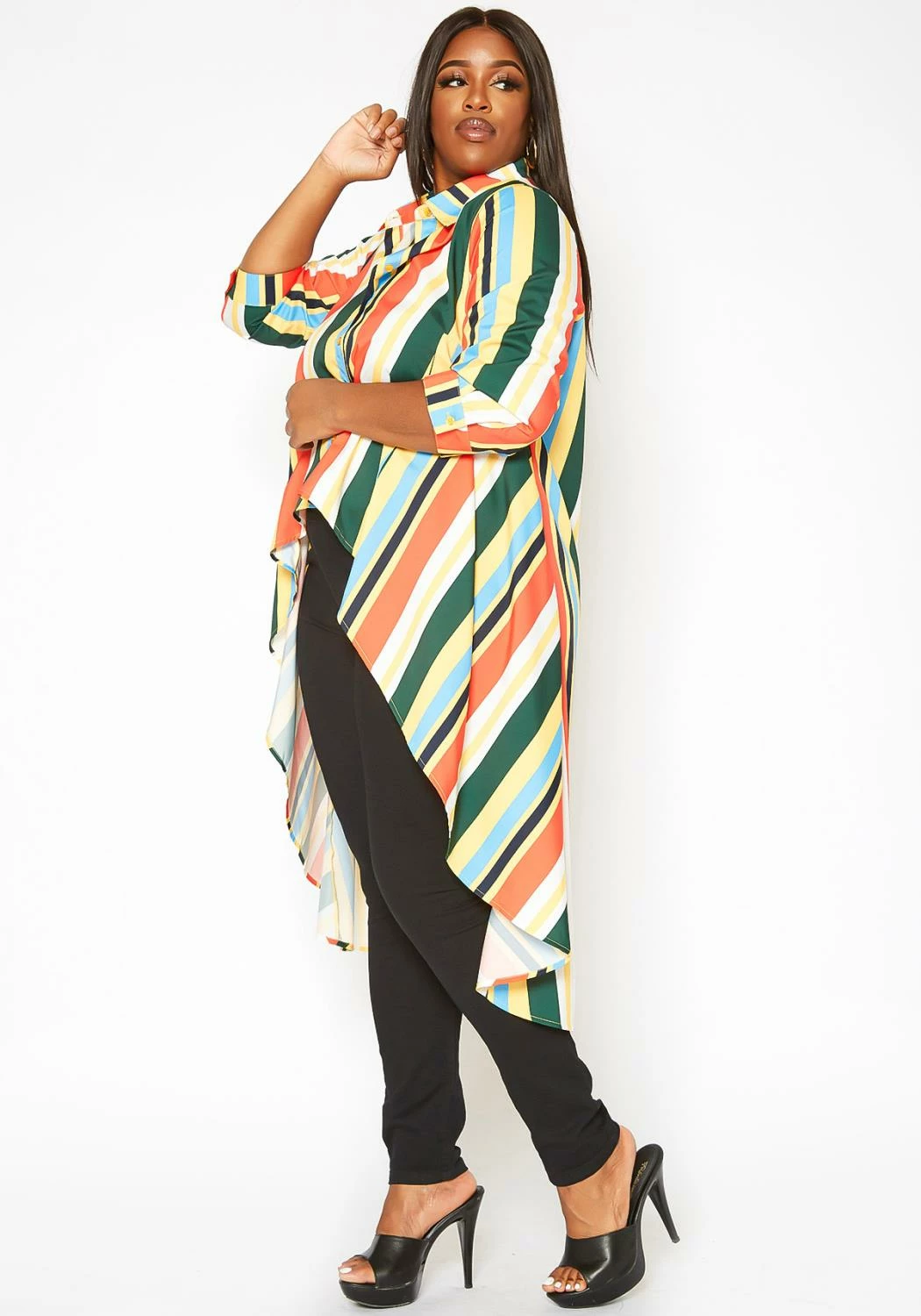 Asoph Plus Size Multi Color Striped High Low Collar Top 3 Asoph Plus Size Multi Color Striped High Low Collar Top - Image 3