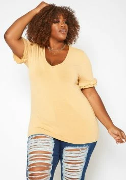 Asoph Plus Size Ruffle Trim V Neck Tee Shirt