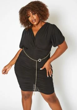 Asoph Plus Size Ruched Bodycon Mini Dress With Waist Chain