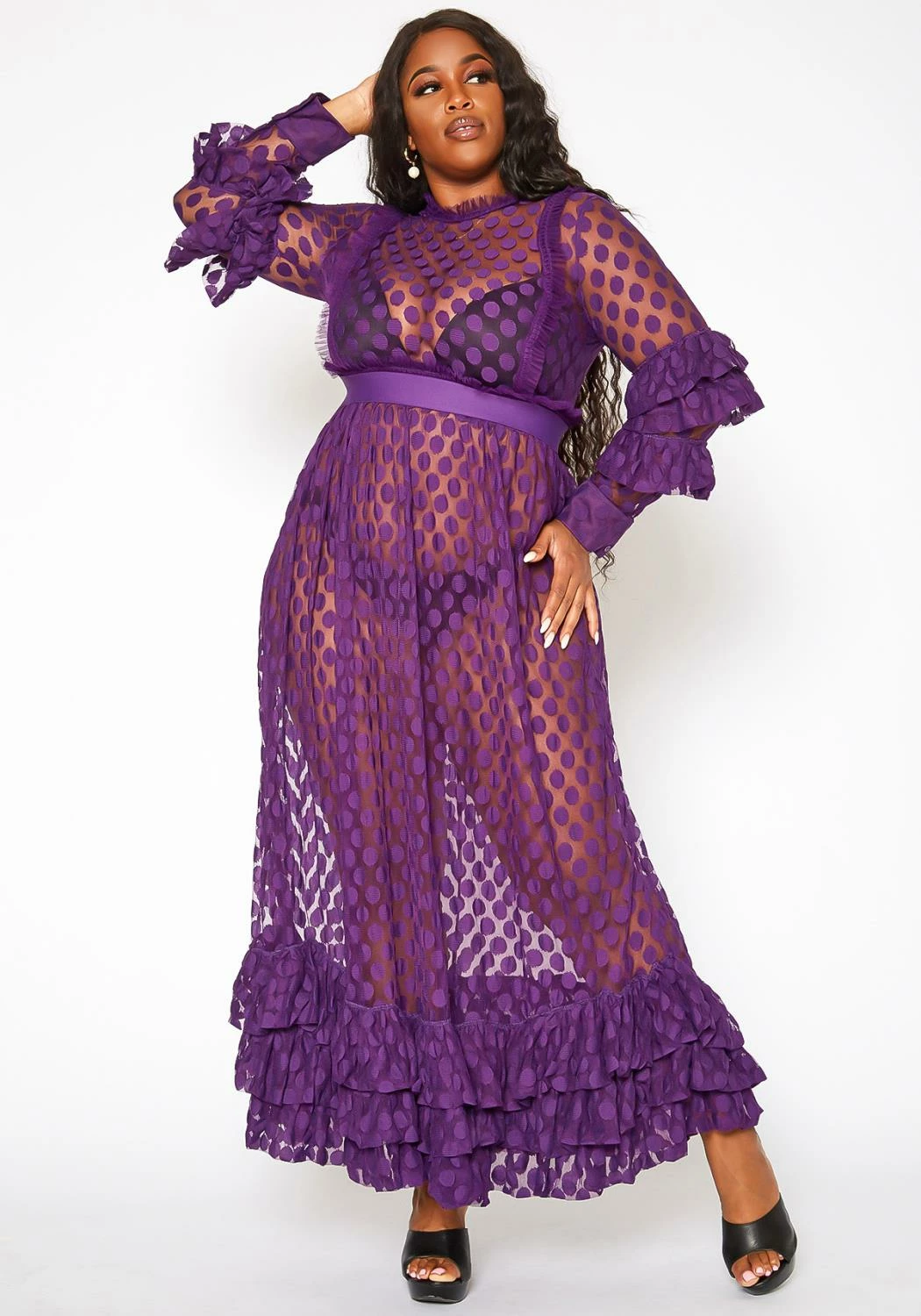 Asoph Plus Size Polka Dot Mesh Flare Maxi Dress 1 Asoph Plus Size Polka Dot Mesh Flare Maxi Dress