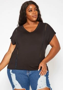 Asoph Plus Size Crochet Hem V Neck Shirt