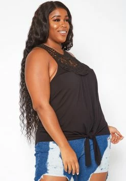 Asoph Plus Size Crochet Hem Tassel Front Tank Top