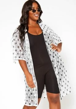 Asoph Plus Size Star Pattern Open Front Kimono Cardigan