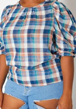 Asoph Plus Size Tartan Plaid Print Puff Sleeve Top -Asoph Sales Shop 2018051 128 4