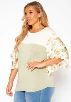 Asoph Plus Size Floral Sleeve Color Block Shirt -Asoph Sales Shop 2018205 151 1