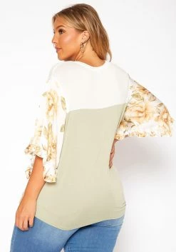 Asoph Plus Size Floral Sleeve Color Block Shirt -Asoph Sales Shop 2018205 151 2
