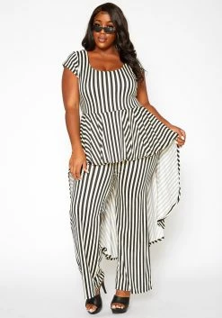 Asoph Plus Size Striped Cape Flare Jumpsuit