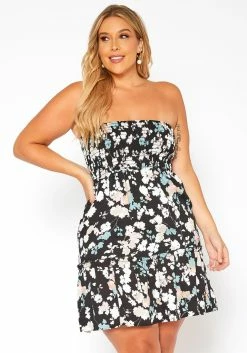 Asoph Plus Size Smocked Floral Print Mini Dress