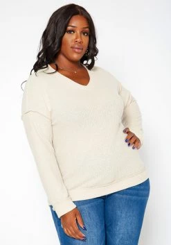 Plus Size Waffle Knit V Neck Top