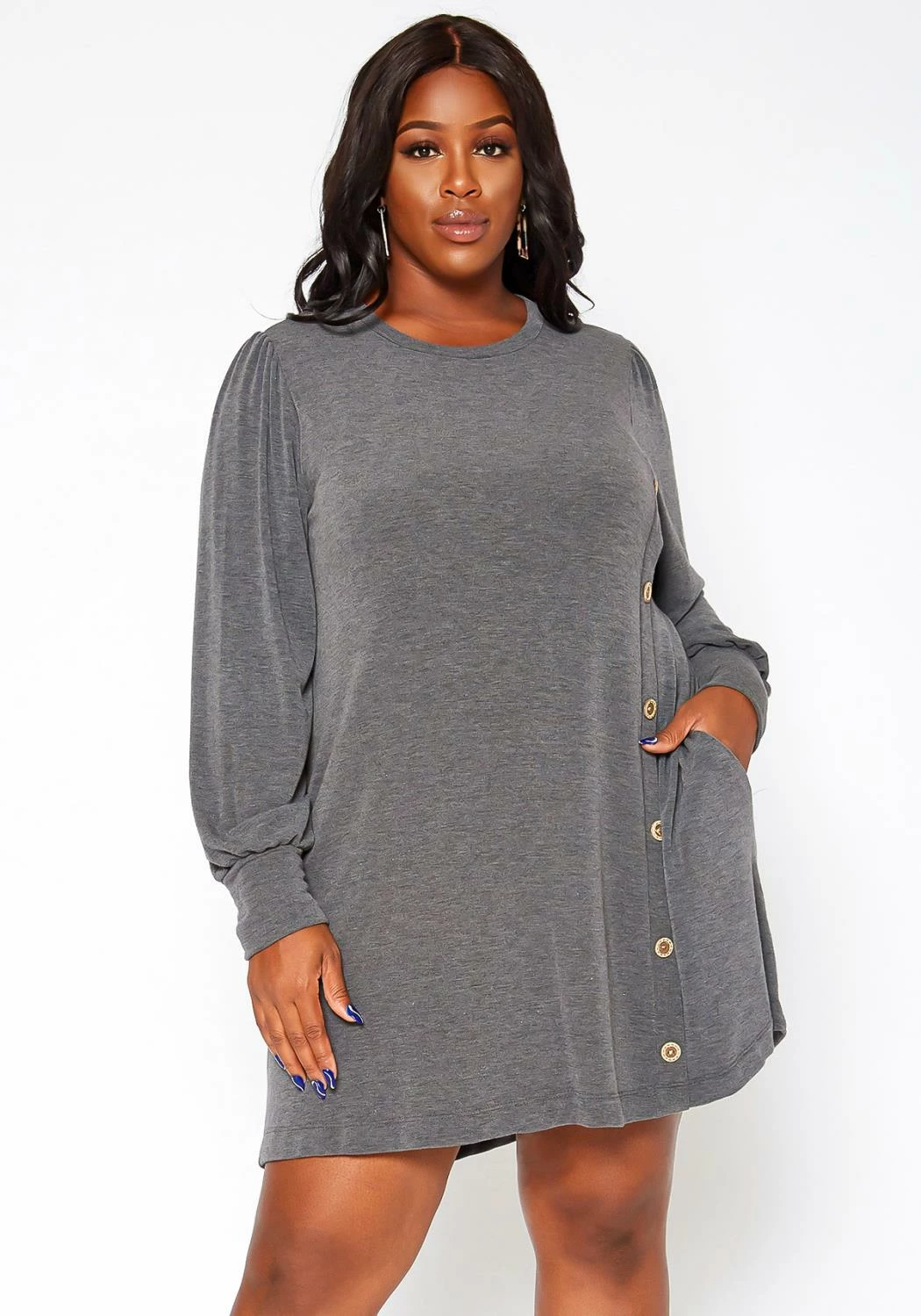 Asoph Plus Size Button Hem Flare Mini Dress 2 Asoph Plus Size Button Hem Flare Mini Dress - Image 2