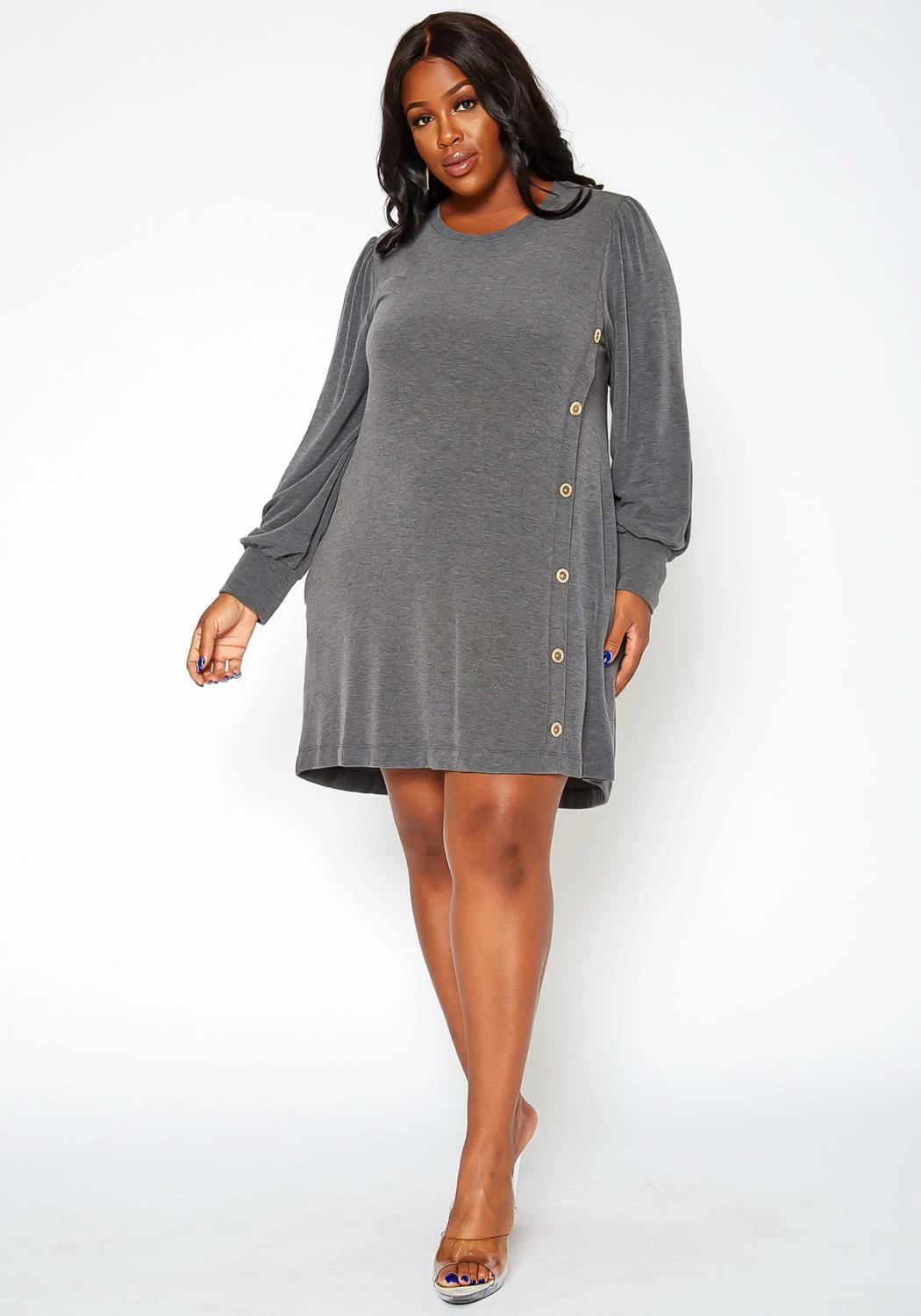 Asoph Plus Size Button Hem Flare Mini Dress 1 Asoph Plus Size Button Hem Flare Mini Dress