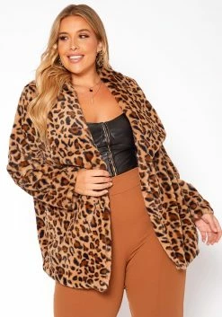 Asoph Plus Size Faux Fur Leopard Print Coat