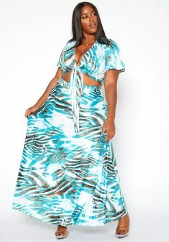 Asoph Plus Size Silver Lining Crop Top & Flare Maxi Skirt Set