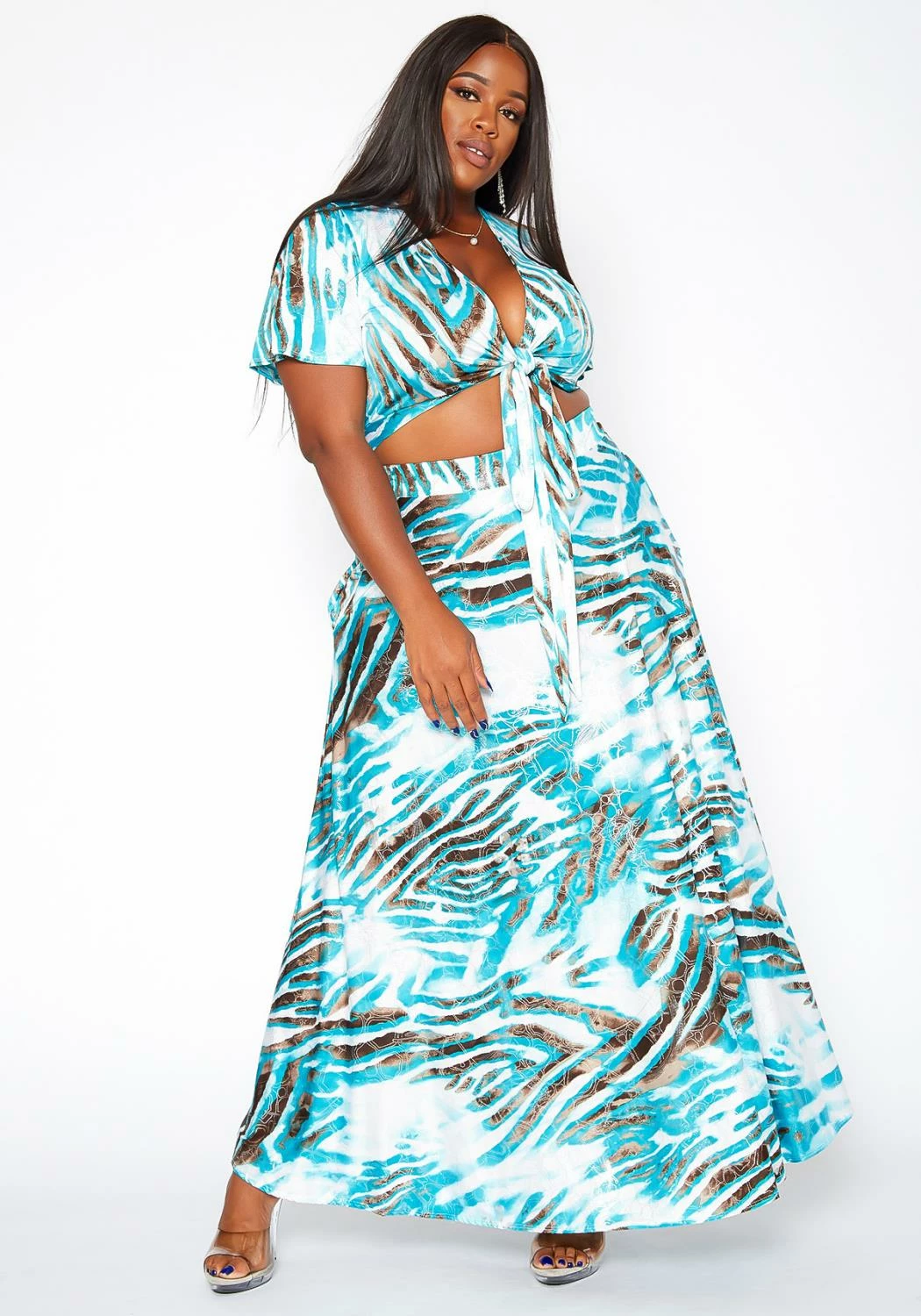 Asoph Plus Size Silver Lining Crop Top & Flare Maxi Skirt Set 2 Asoph Plus Size Silver Lining Crop Top & Flare Maxi Skirt Set - Image 2