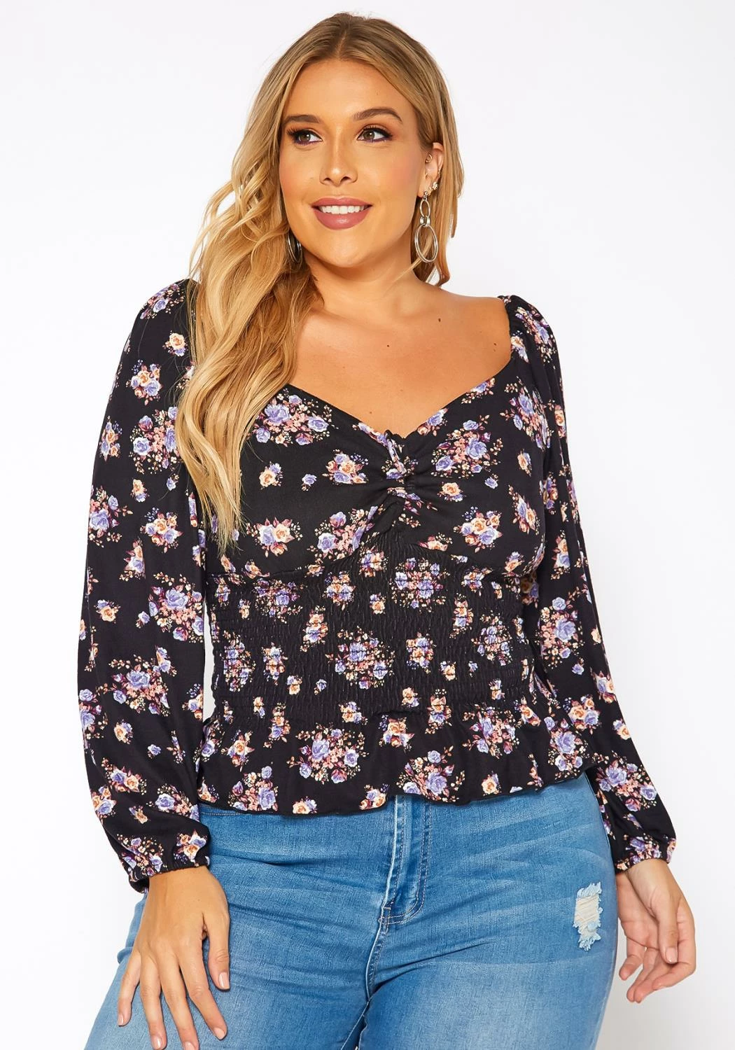 Asoph Plus Size Floral Print Smocked V Neck Top 2 Asoph Plus Size Floral Print Smocked V Neck Top - Image 2
