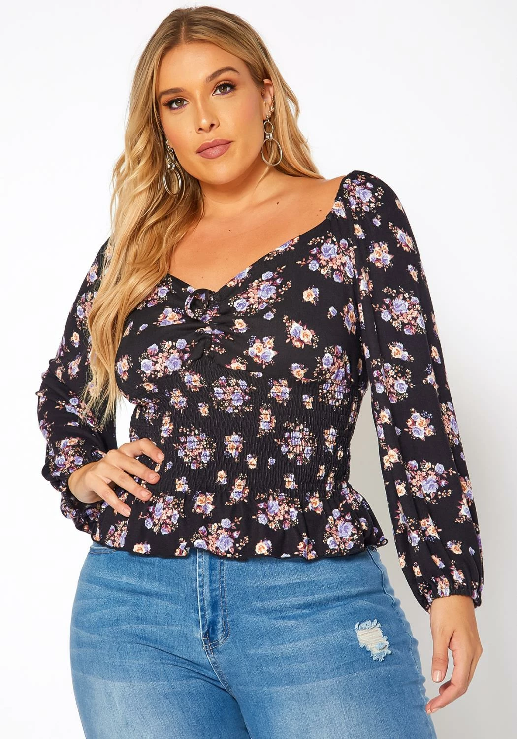 Asoph Plus Size Floral Print Smocked V Neck Top 1 Asoph Plus Size Floral Print Smocked V Neck Top