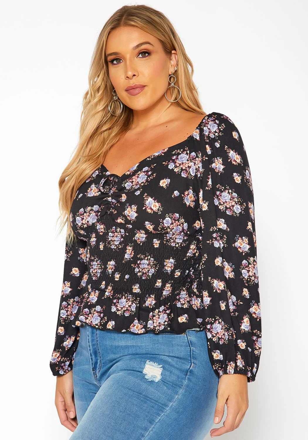 Asoph Plus Size Floral Print Smocked V Neck Top 3 Asoph Plus Size Floral Print Smocked V Neck Top - Image 3