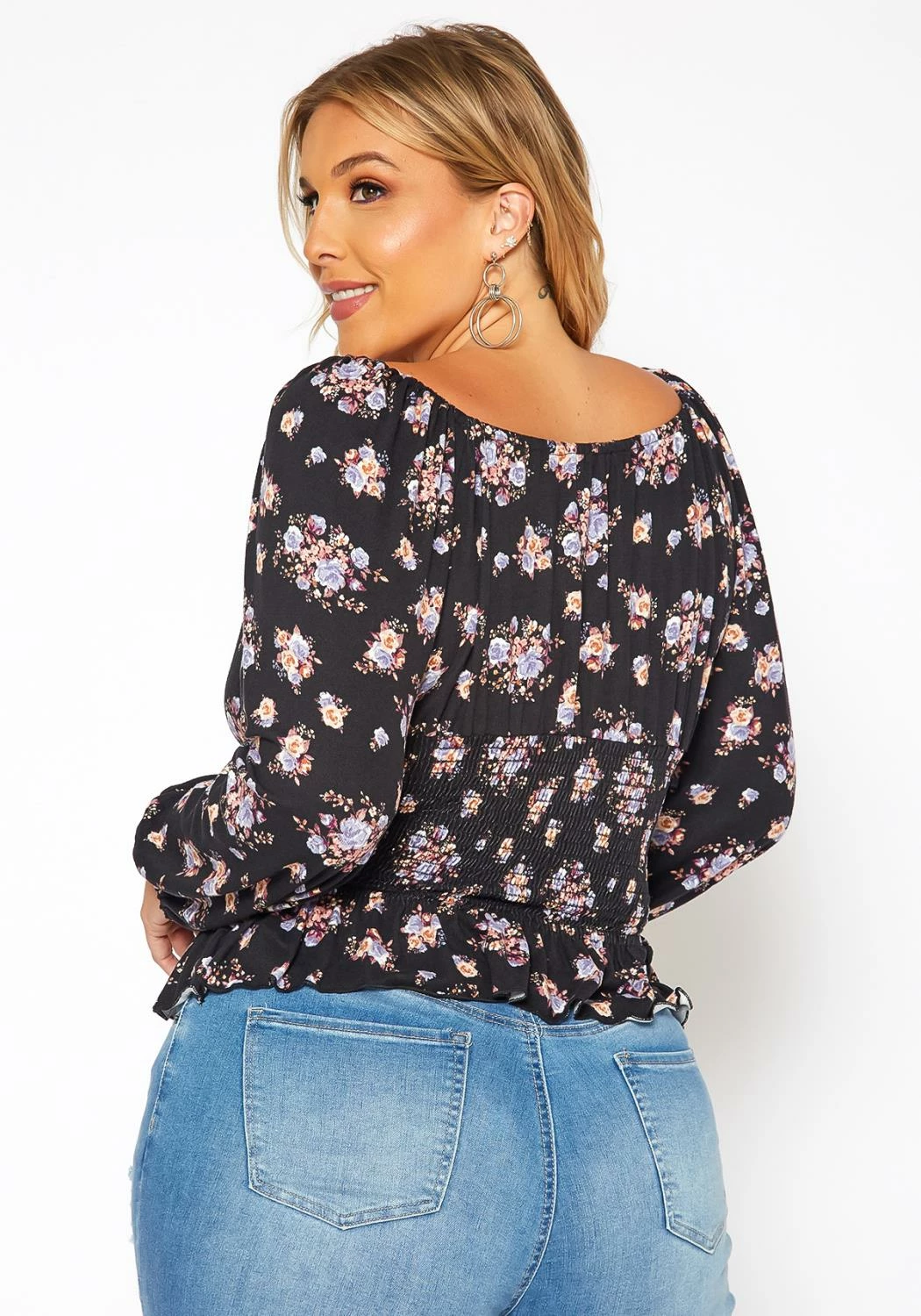 Asoph Plus Size Floral Print Smocked V Neck Top 4 Asoph Plus Size Floral Print Smocked V Neck Top - Image 4