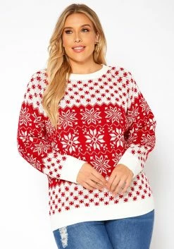 Asoph Plus Size Snow Flake Print Knit Sweater