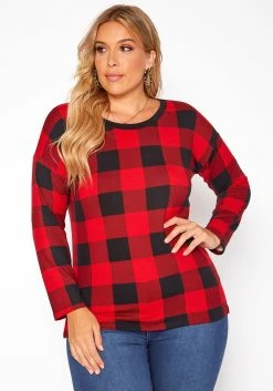 Asoph Plus Size Plaid Print Long Sleeve Top