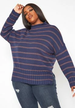Plus Size Striped High Neck Knit Sweater