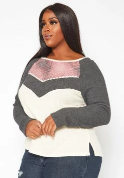 Plus Size Color Block Long Sleeve Knit Top -Asoph Sales Shop 2018636 128 2