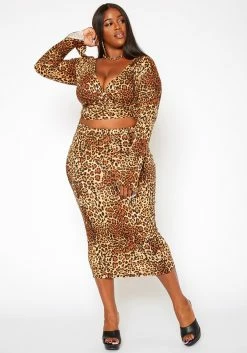 Asoph Plus Size Leopard Print Wrap Crop Top & Midi Skirt Set