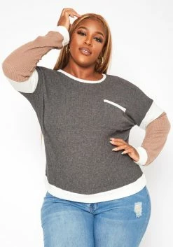 Plus Size Color Block Long Sleeve Shirt