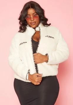 Plus Size High Neck Leopard Trim Knit Jacket