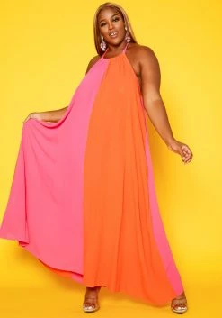Plus Size Color Splice Flare Maxi Dress