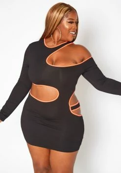 Plus Size Neon Trim Cut Out Bodycon Mini Dress