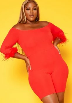 Plus Size Feather Trim Off Shoulder Bodycon Romper