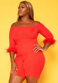 Plus Size Feather Trim Off Shoulder Bodycon Romper -Asoph Sales Shop 2018789 110 2