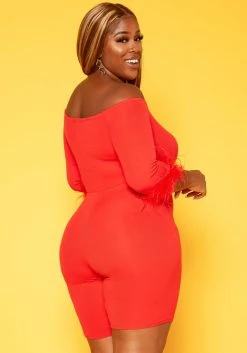 Plus Size Feather Trim Off Shoulder Bodycon Romper -Asoph Sales Shop 2018789 110 3