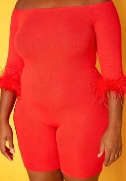 Plus Size Feather Trim Off Shoulder Bodycon Romper -Asoph Sales Shop 2018789 110 4