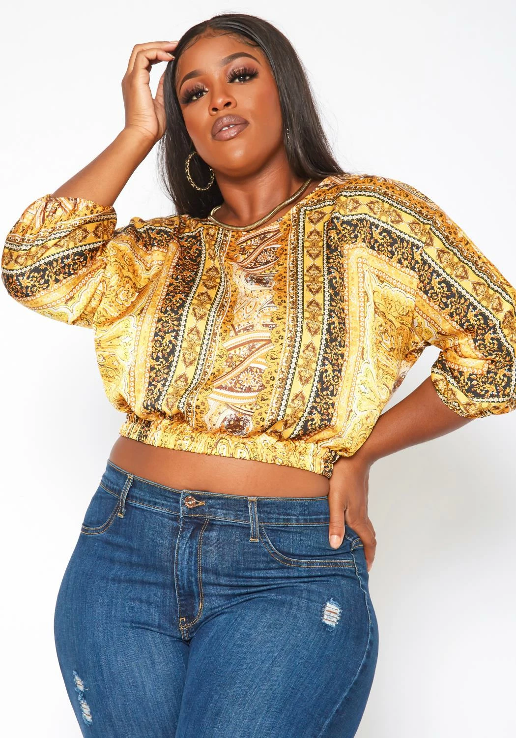 Plus Size Brocade Print Satin Blouse 2 Plus Size Brocade Print Satin Blouse - Image 2