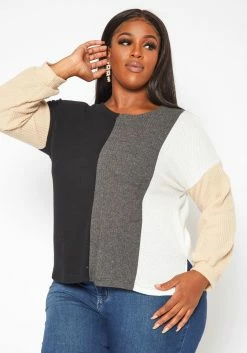 Plus Size Color Block Waffle Knit Sweater