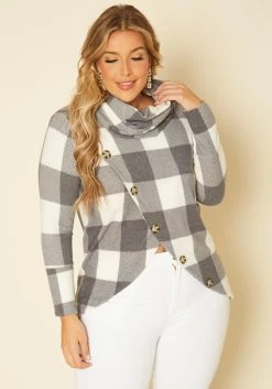 Plus Size Plaid Print Funnel Neck Sweater